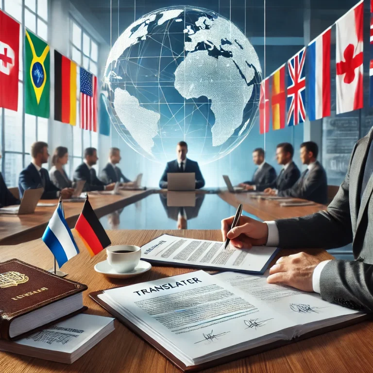 Contract translation in an international business setting with documents and flags representing global collaboration.