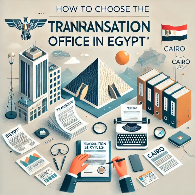 Featured image for an article titled "How to Choose the Best Translation Office in Egypt," showing translation services with documents, translators, and an Egyptian theme with the Cairo skyline.