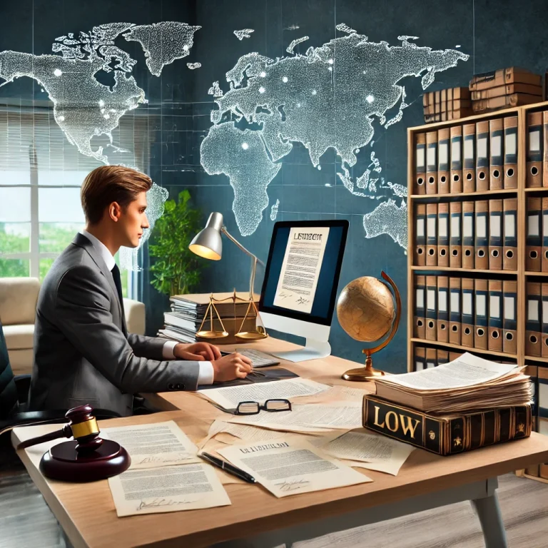 A professional translator working on legal documents at a desk, with law books and a computer in an office setting.