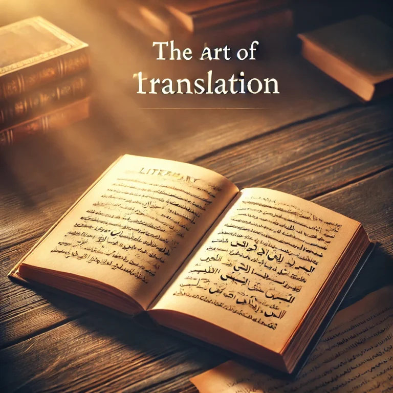 Open book with English and Arabic text on a wooden desk, symbolizing literary translation.