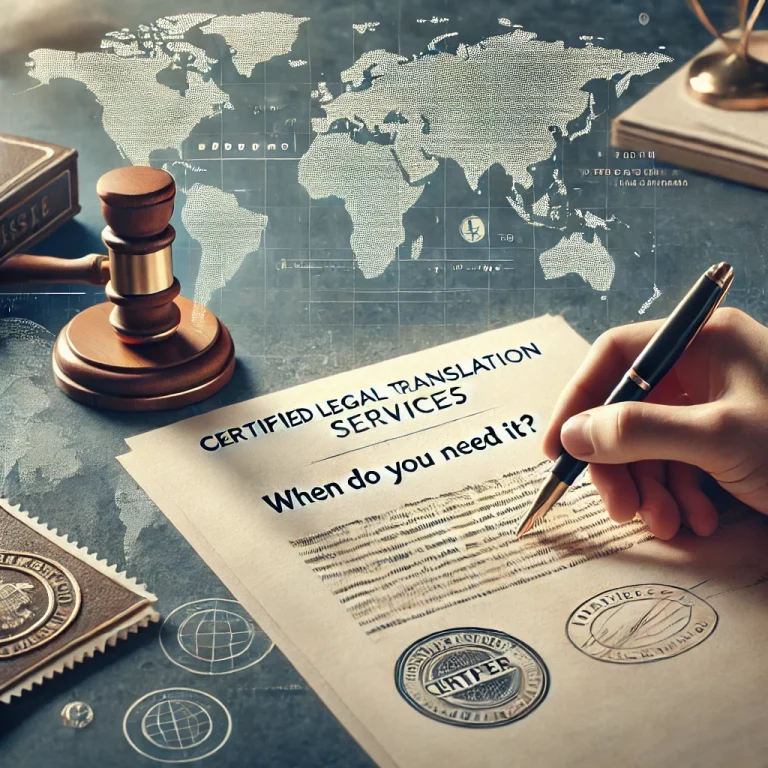 Feature image showing certified legal translation services with a legal document and translation stamp.