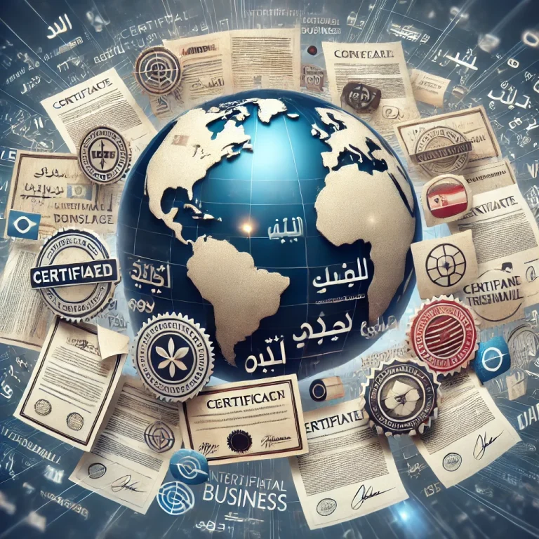 Global business documents translated into multiple languages with certification stamps.