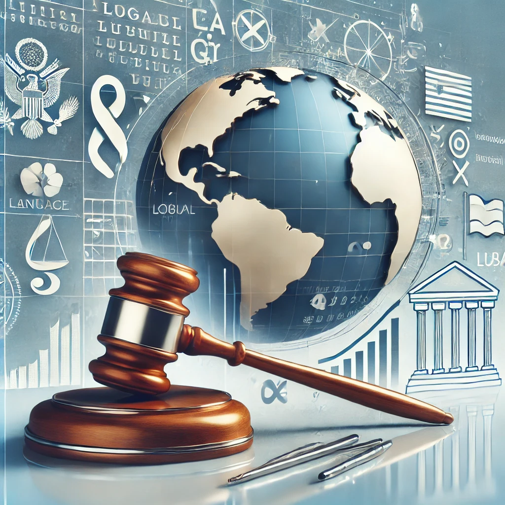 A professional depiction of legal translation services, featuring legal documents, a globe, a gavel, and language symbols like flags and alphabets, with soft blue and white tones.