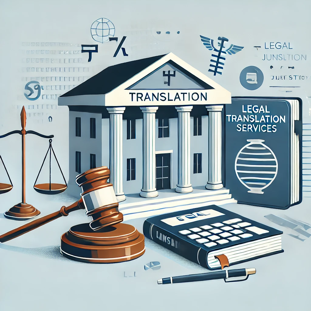 A professional representation of legal translation services, featuring legal documents, a gavel, scales of justice, and a translation dictionary.