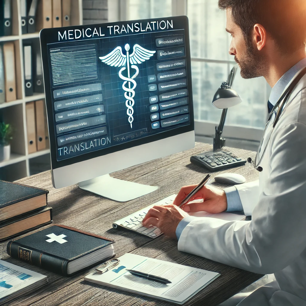 Translator working in a well-lit office with medical documents displayed on a computer screen.