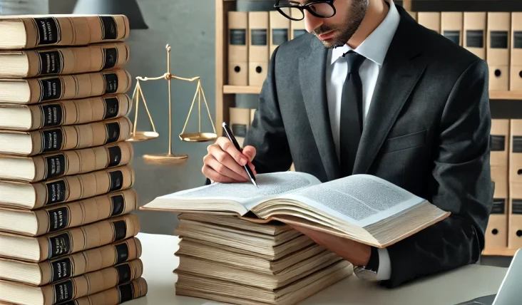 A certified legal translator reviewing a stack of translated legal documents at a desk, surrounded by reference materials.