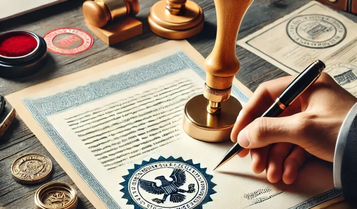 A document being stamped with an apostille certification, surrounded by other legal documents and notary tools on a formal desk.